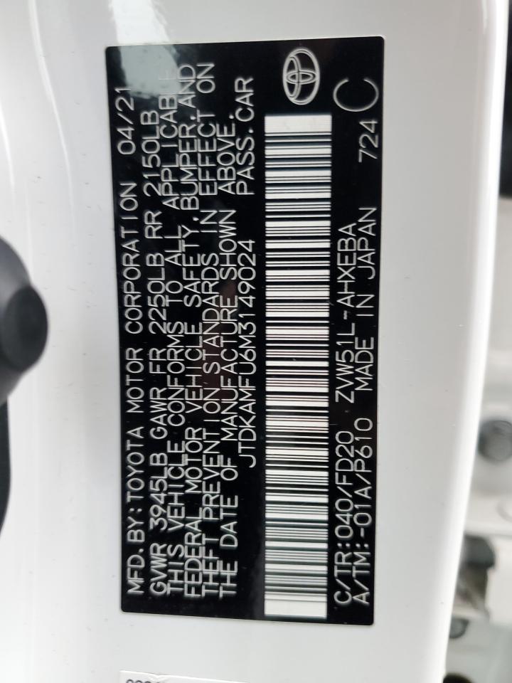 2021 Toyota Prius Special Edition VIN: JTDKAMFU6M3149024 Lot: 62510064