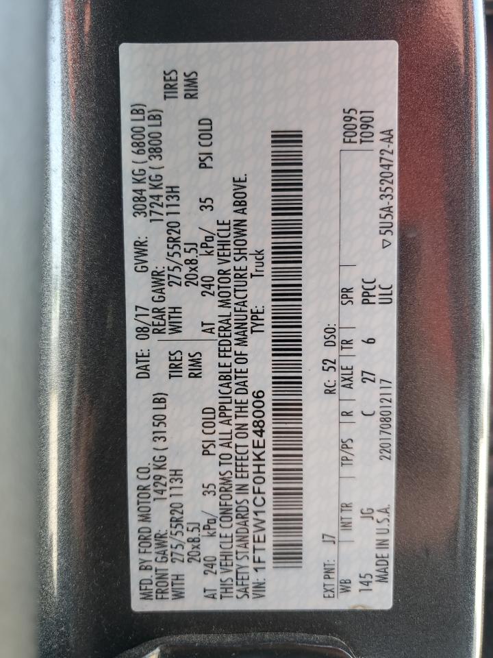 2017 Ford F150 Supercrew VIN: 1FTEW1CF0HKE48006 Lot: 63327484