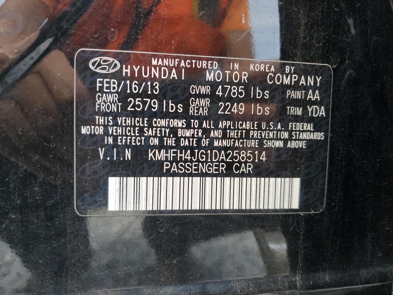 2013 Hyundai Azera Gls VIN: KMHFH4JG1DA258514 Lot: 64360034