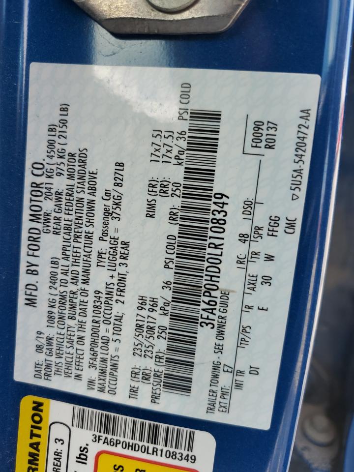 2020 Ford Fusion Se VIN: 3FA6P0HD0LR108349 Lot: 63047854