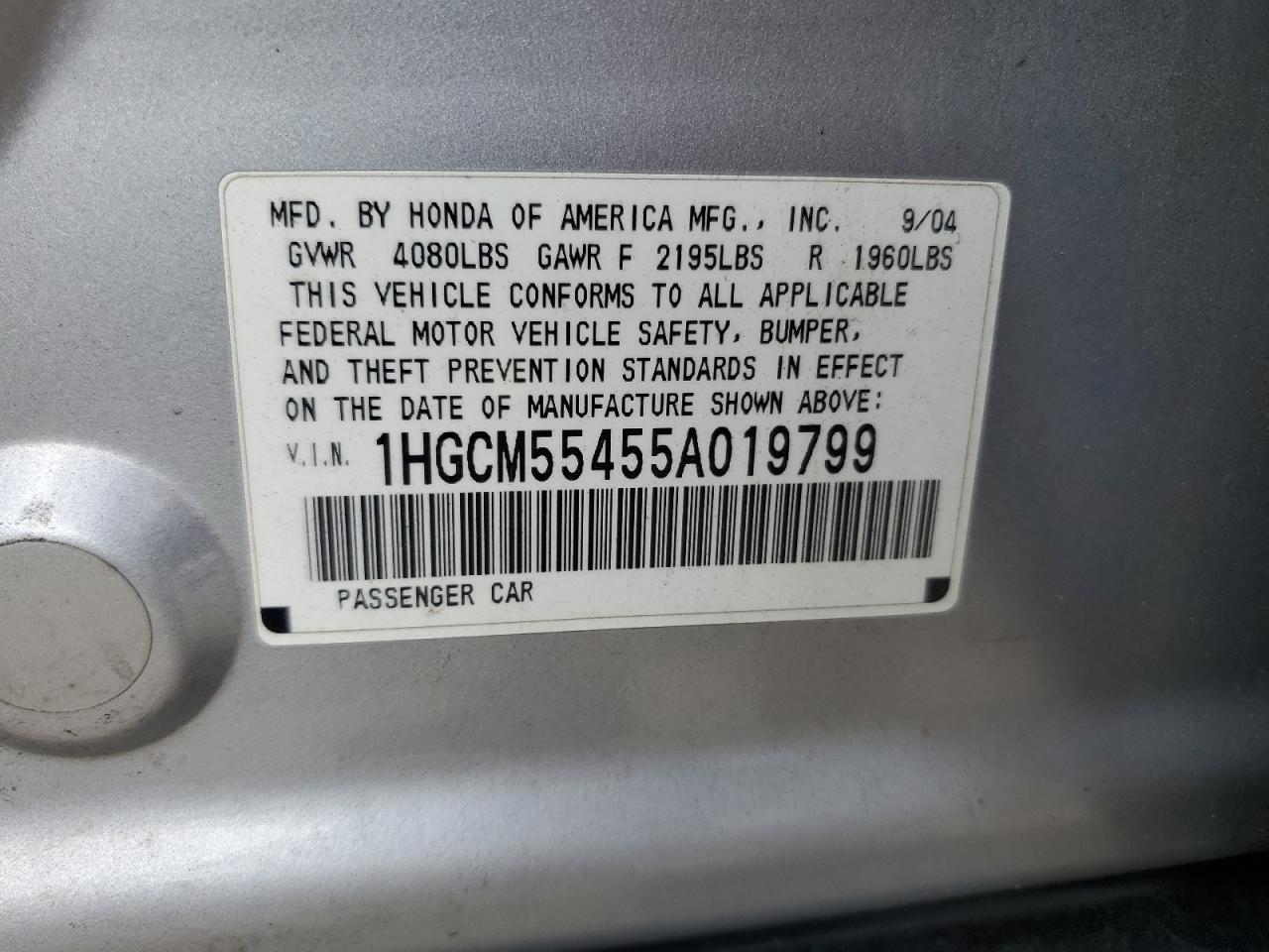 1HGCM55455A019799 2005 Honda Accord Lx