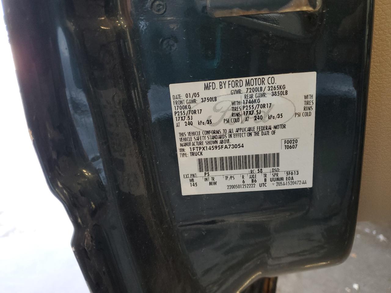 2005 Ford F150 VIN: 1FTPX14595FA73054 Lot: 63509514