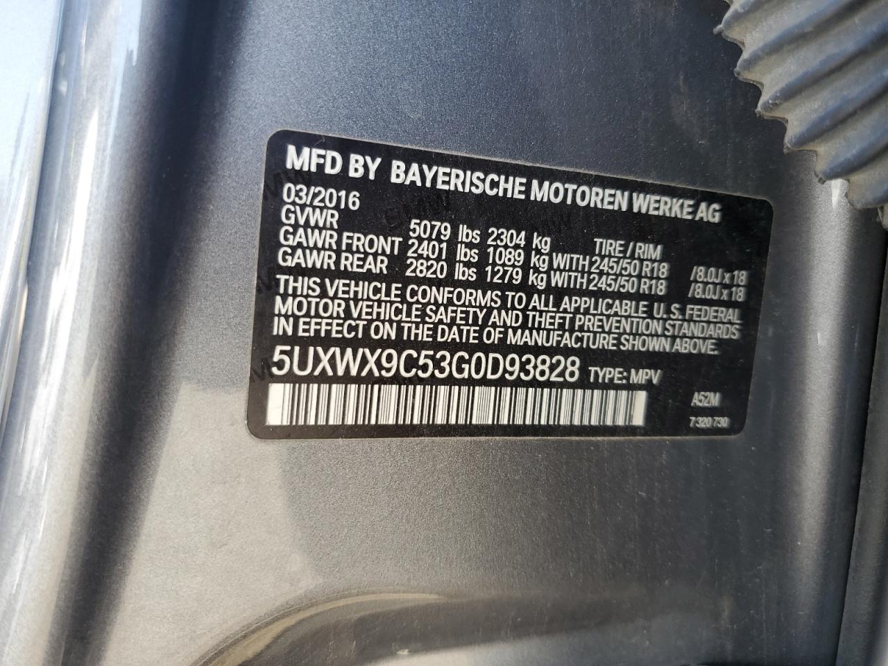 2016 BMW X3 xDrive28I VIN: 5UXWX9C53G0D93828 Lot: 63696624