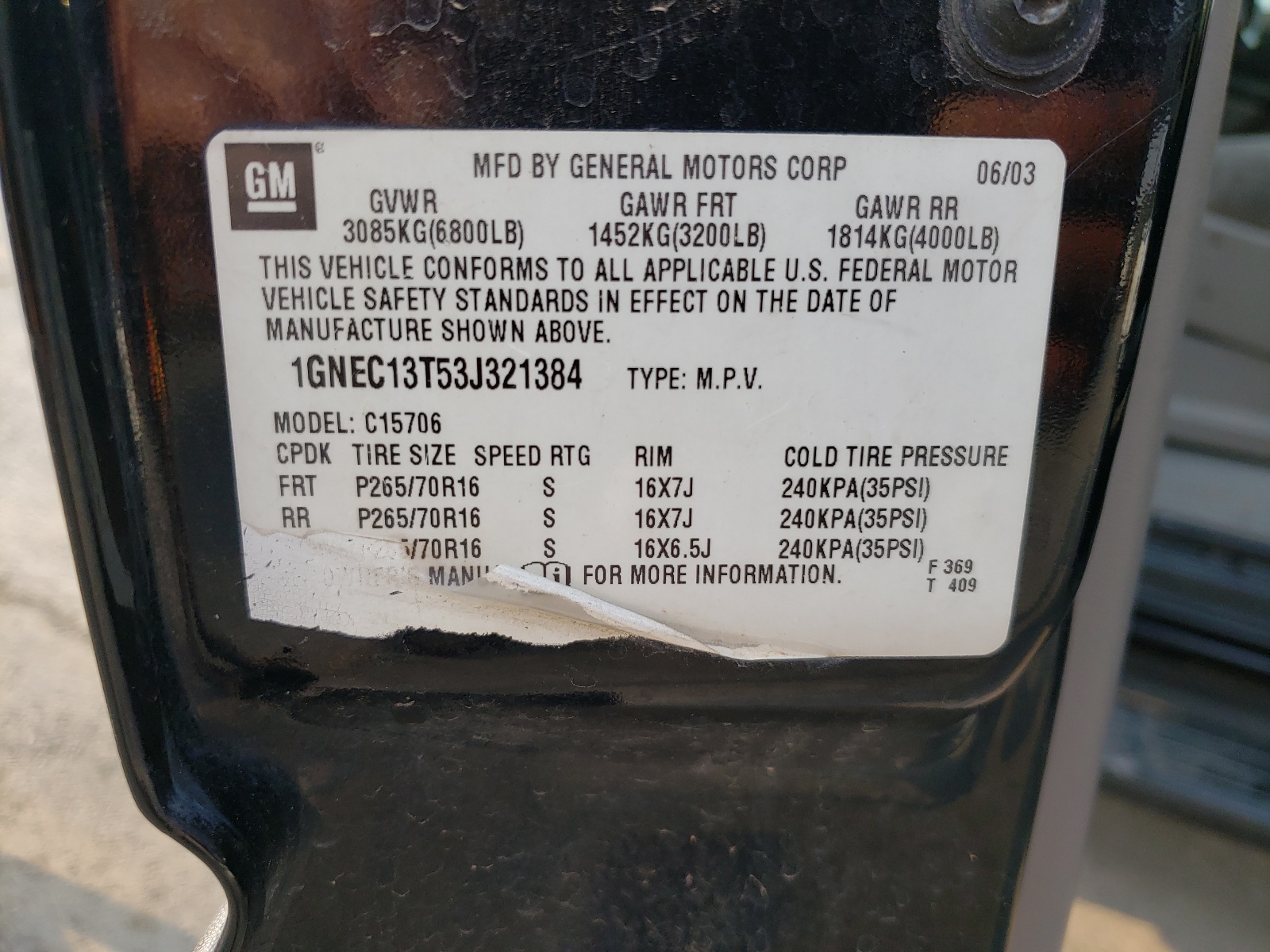 1GNEC13T53J321384 2003 Chevrolet Tahoe C1500