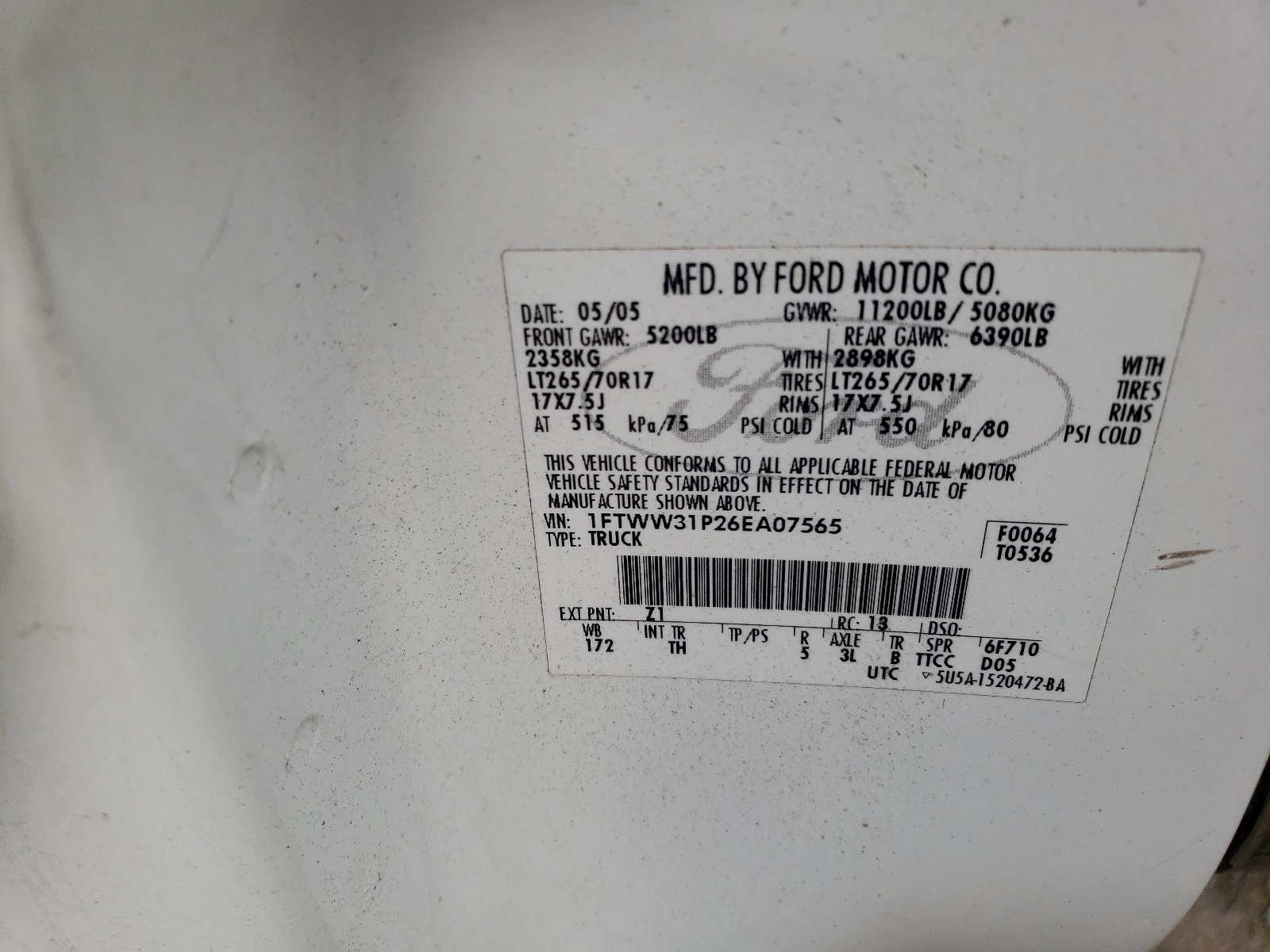 1FTWW31P26EA07565 2006 Ford F350 Srw Super Duty