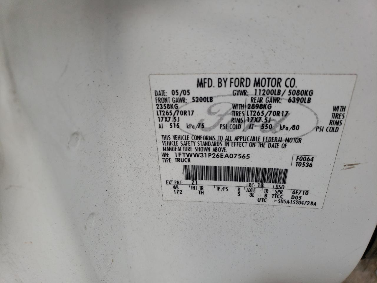 2006 Ford F350 Srw Super Duty VIN: 1FTWW31P26EA07565 Lot: 65160634