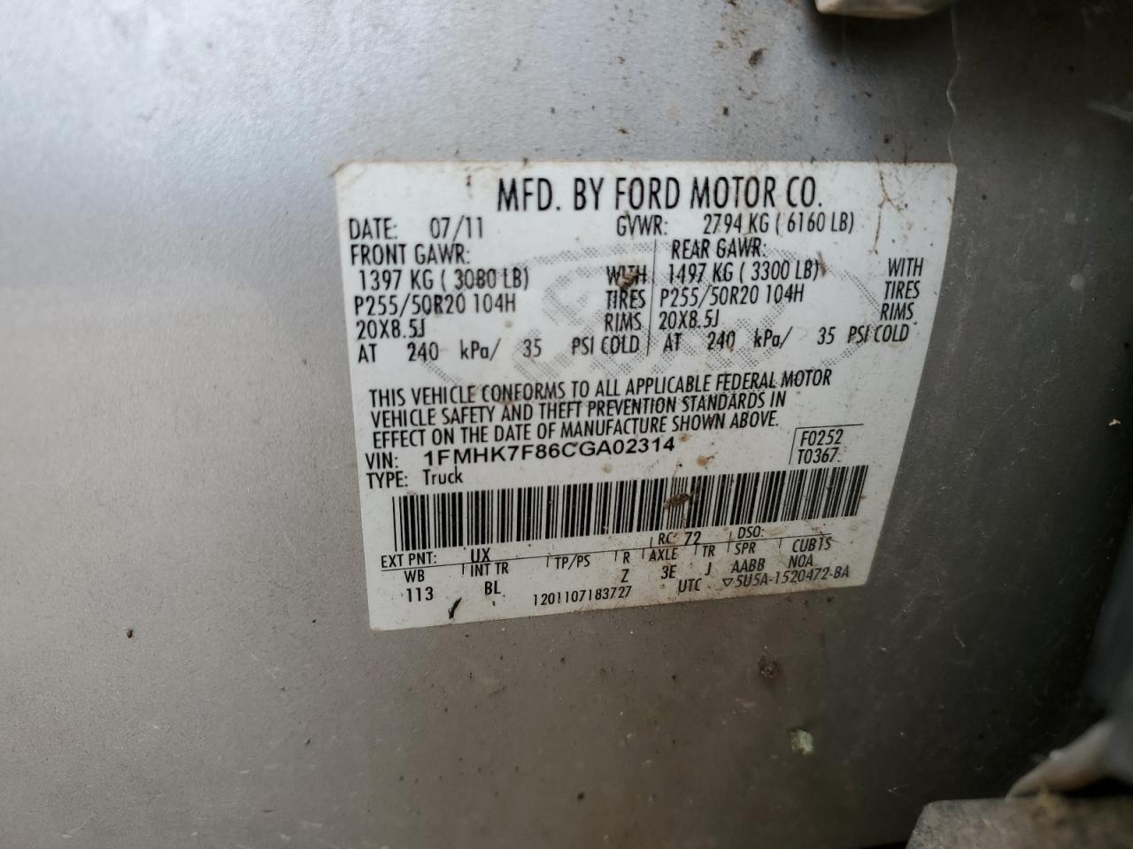 2012 Ford Explorer Limited VIN: 1FMHK7F86CGA02314 Lot: 63232204