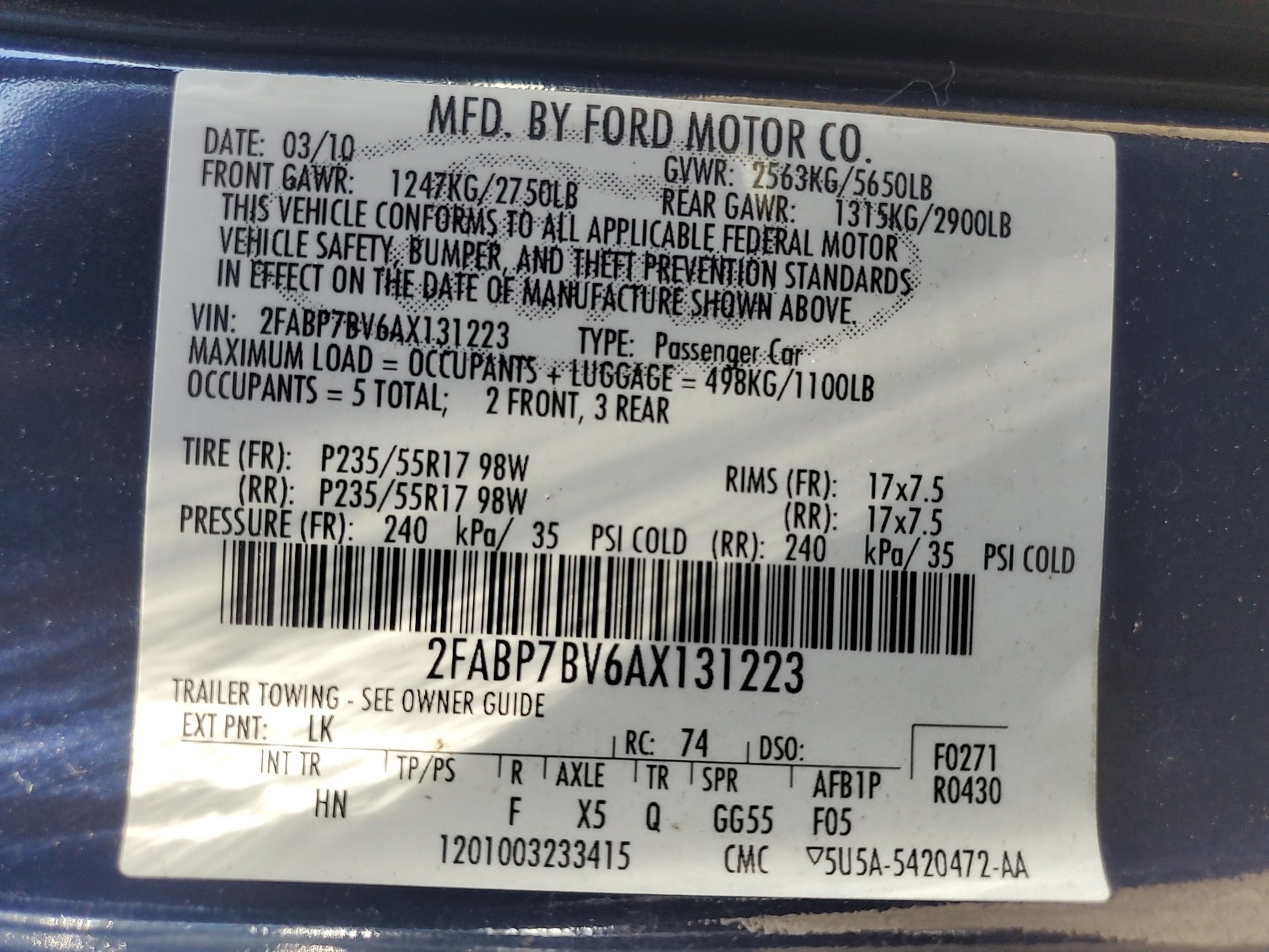 2FABP7BV6AX131223 2010 Ford Crown Victoria Police Interceptor