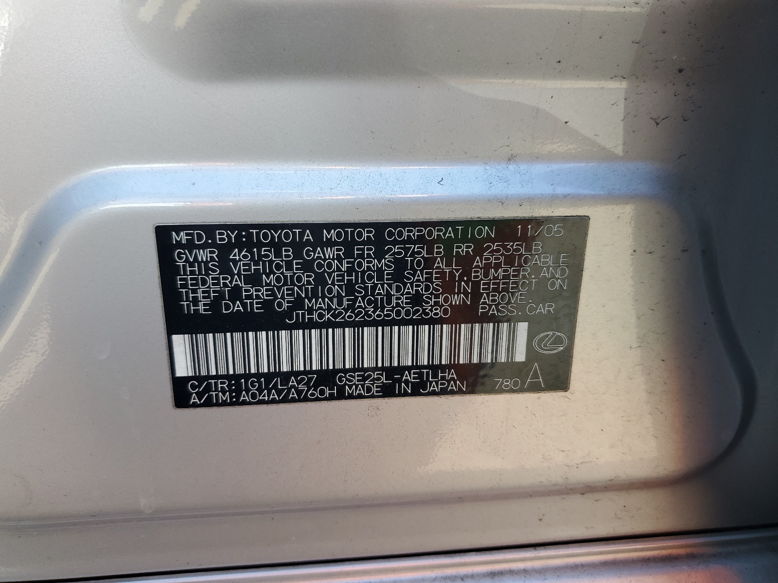 JTHCK262365002380 2006 Lexus Is 250