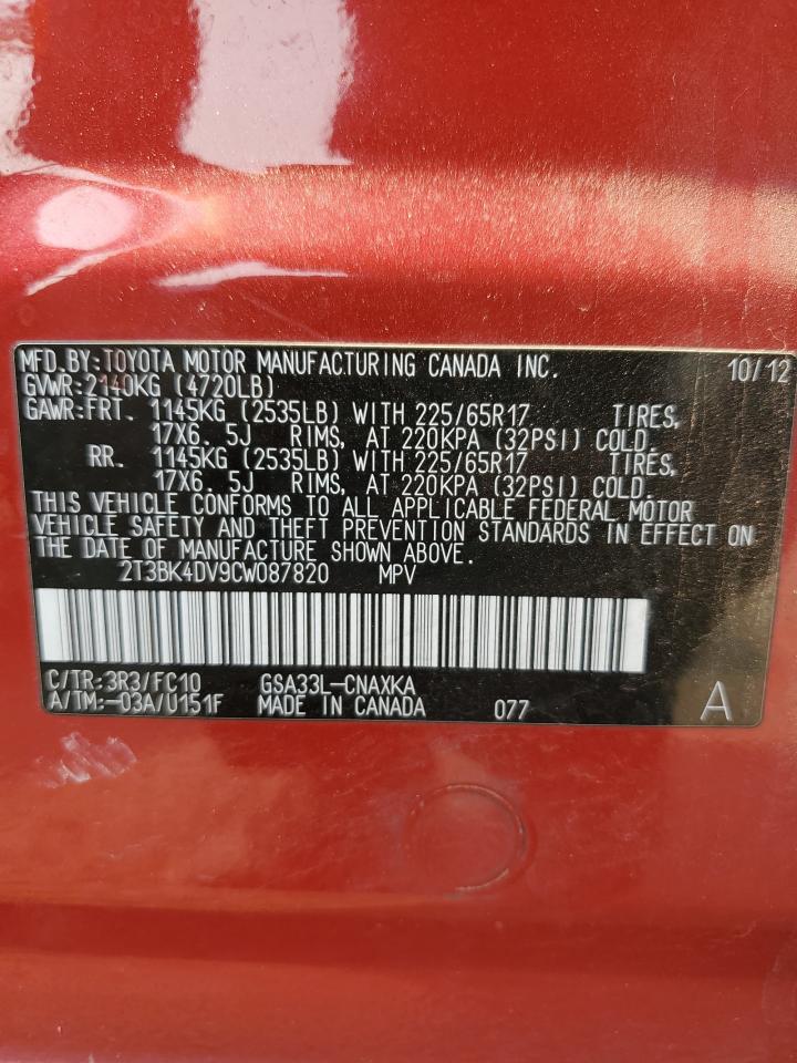 2012 Toyota Rav4 VIN: 2T3BK4DV9CW087820 Lot: 63957114