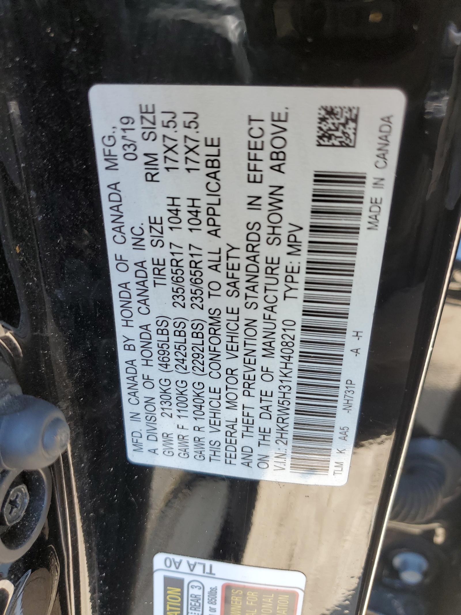 2HKRW5H31KH408210 2019 Honda Cr-V Lx