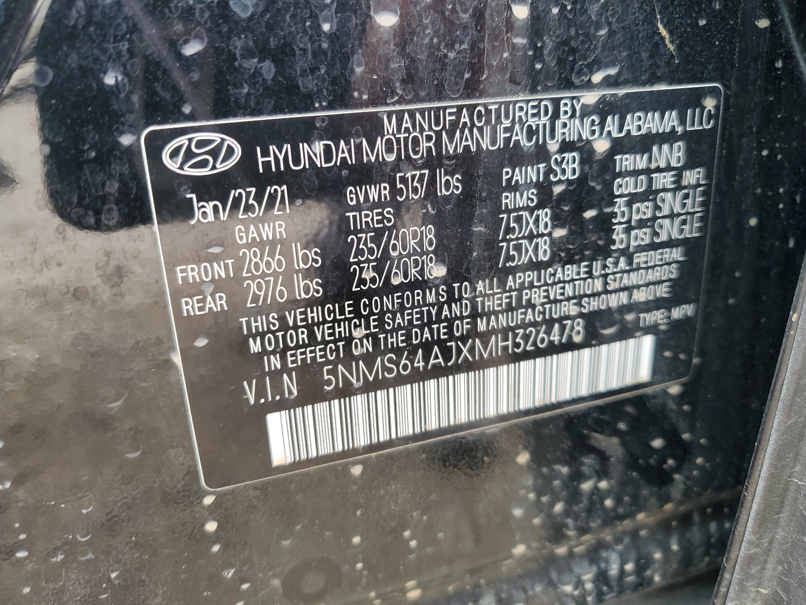 2021 Hyundai Santa Fe Sel vin: 5NMS64AJXMH326478