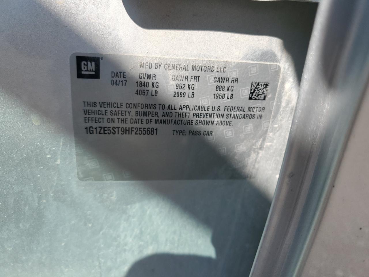 2017 Chevrolet Malibu Lt VIN: 1G1ZE5ST9HF255681 Lot: 63758004