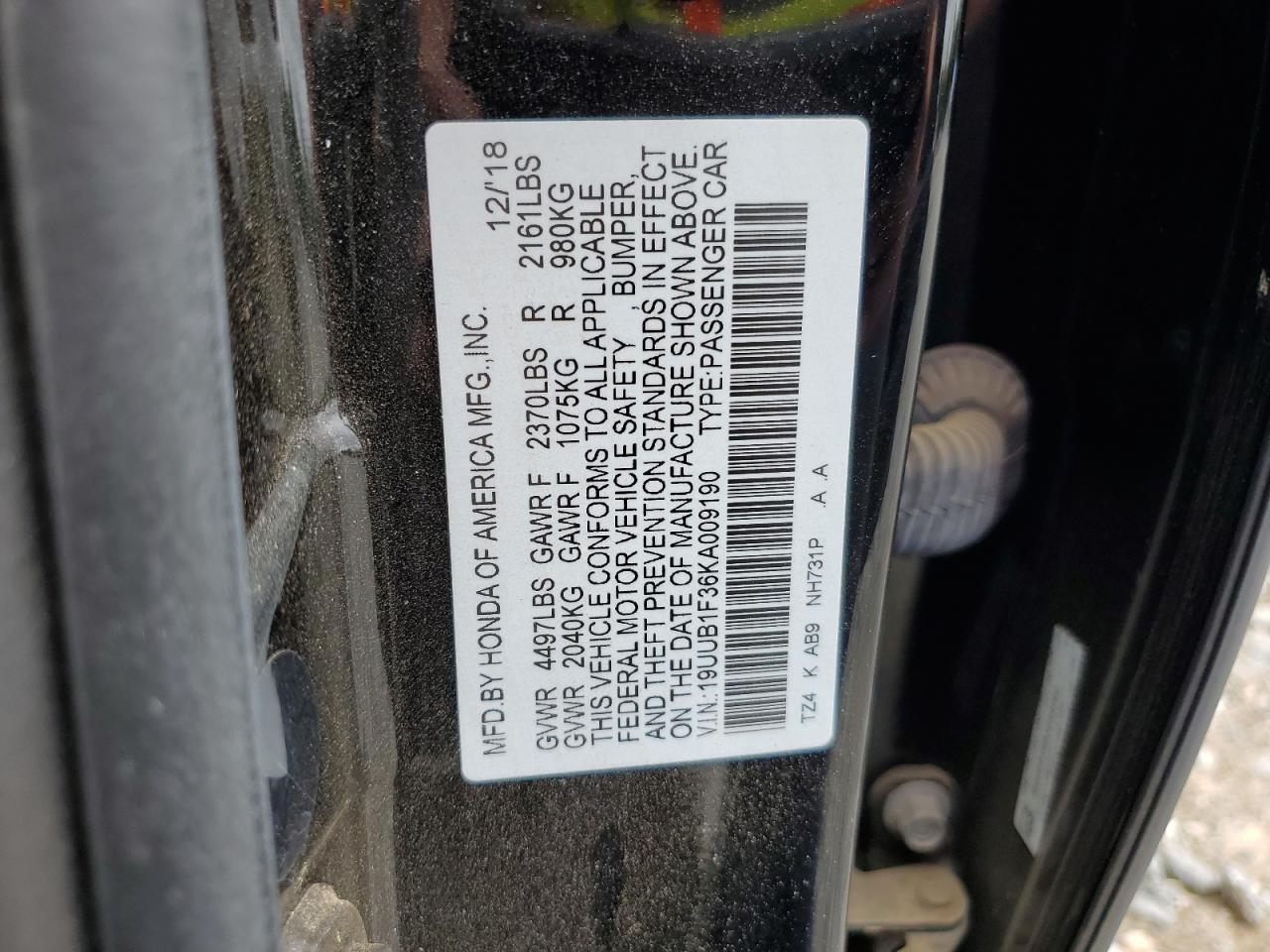 2019 Acura Tlx VIN: 19UUB1F36KA009190 Lot: 61537434