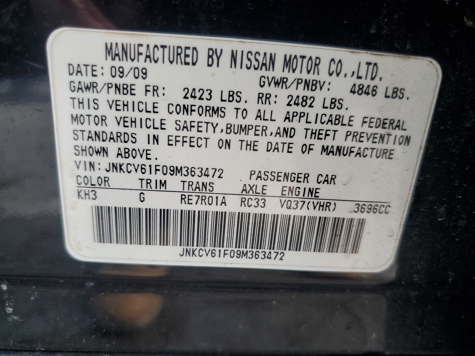 JNKCV61F09M363472 2009 Infiniti G37