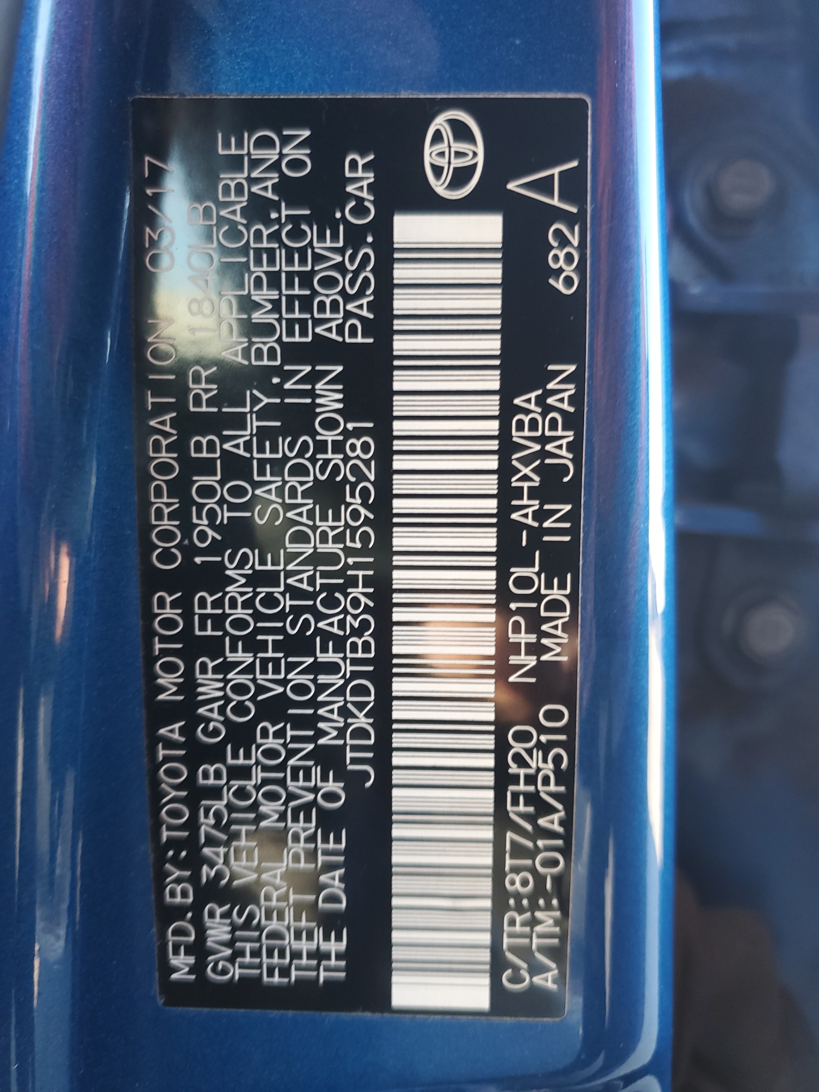 JTDKDTB39H1595281 2017 Toyota Prius C