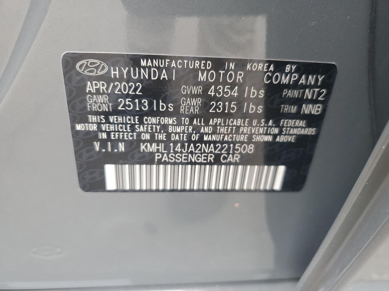KMHL14JA2NA221508 2022 Hyundai Sonata Sel