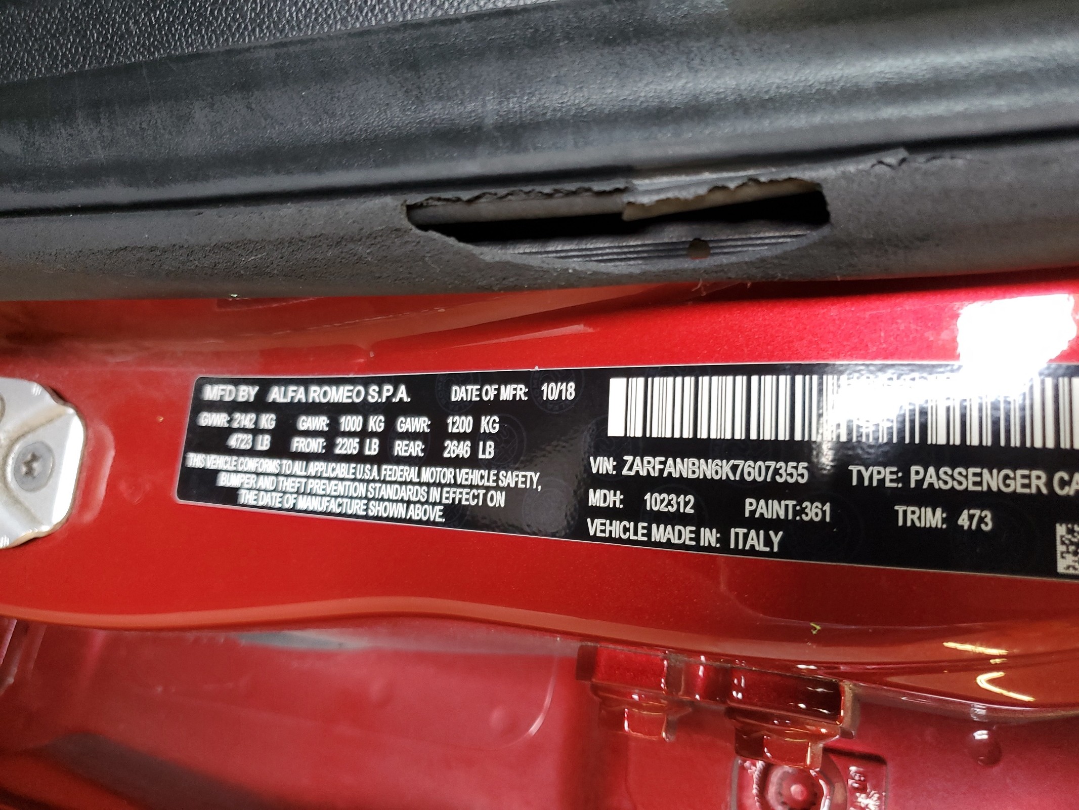 ZARFANBN6K7607355 2019 Alfa Romeo Giulia Ti