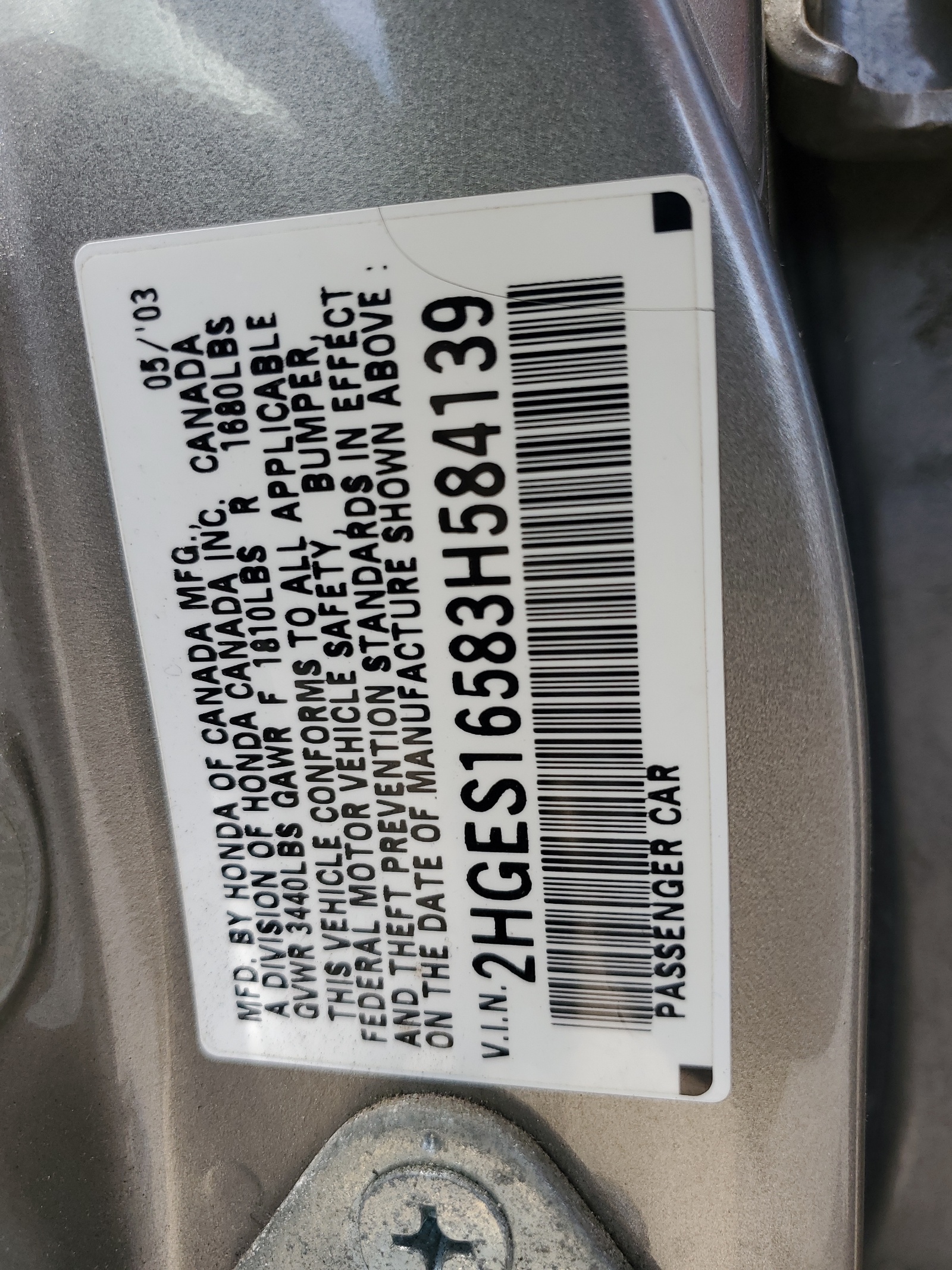 2HGES16583H584139 2003 Honda Civic Lx