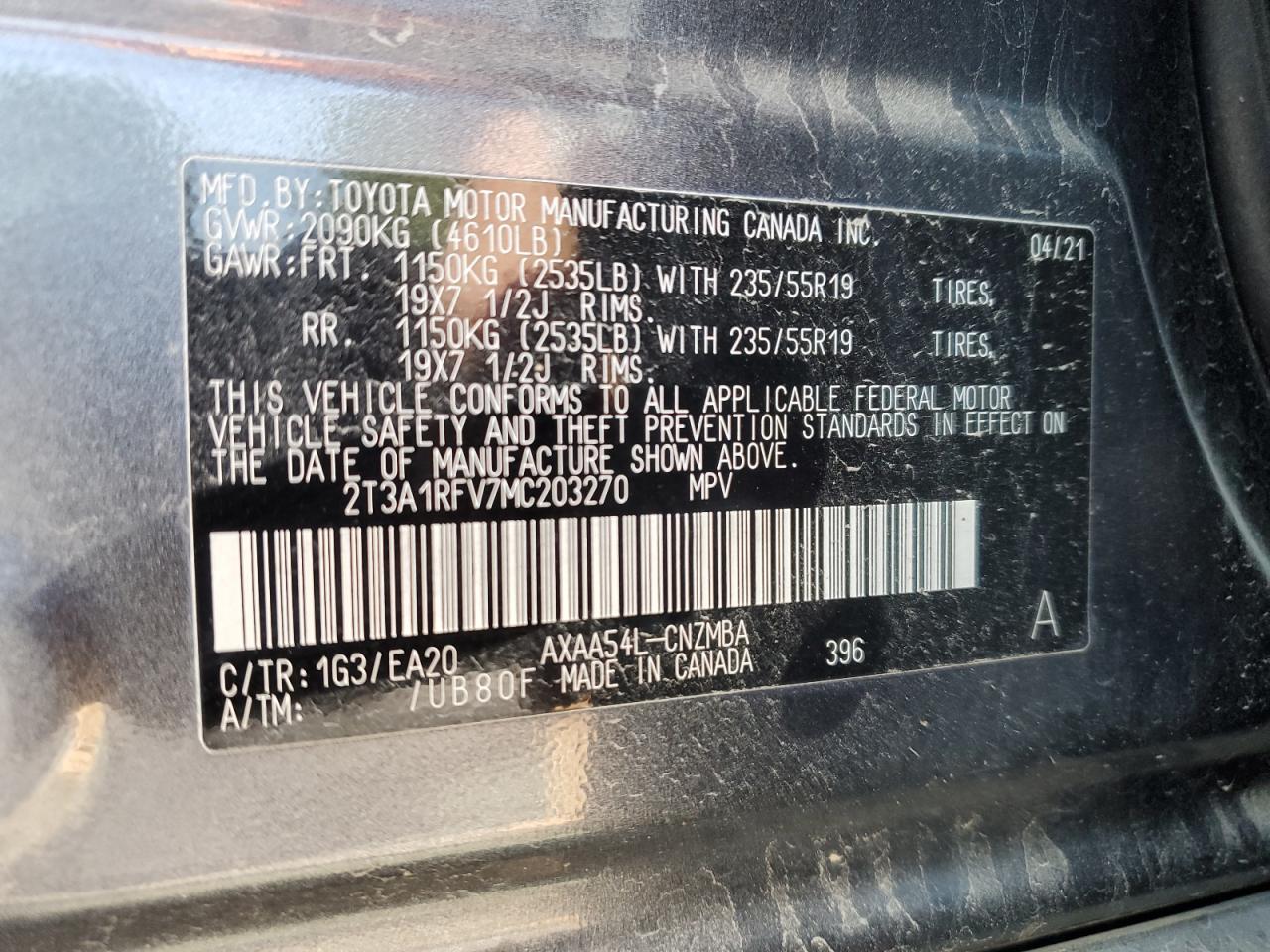 2021 Toyota Rav4 Xle Premium VIN: 2T3A1RFV7MC203270 Lot: 64347084