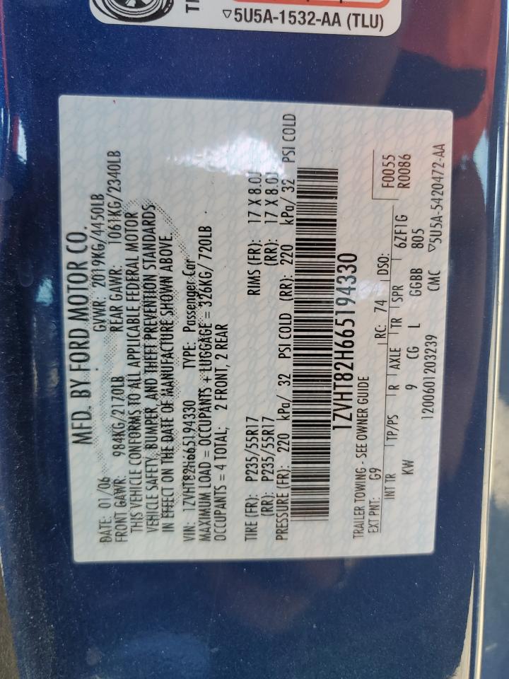 2006 Ford Mustang Gt VIN: 1ZVHT82H665194330 Lot: 63151064