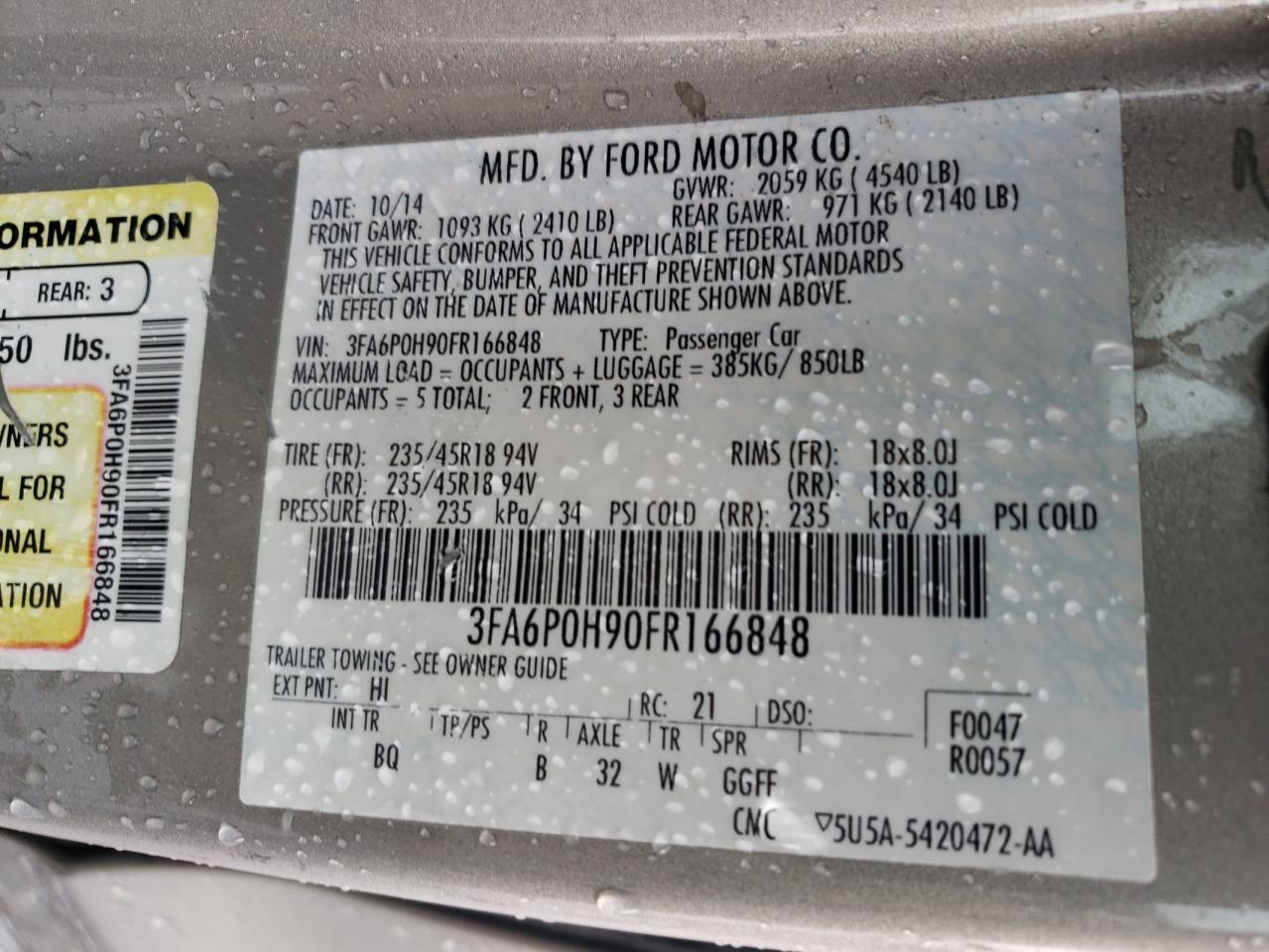 2015 Ford Fusion Se VIN: 3FA6P0H90FR166848 Lot: 62897904