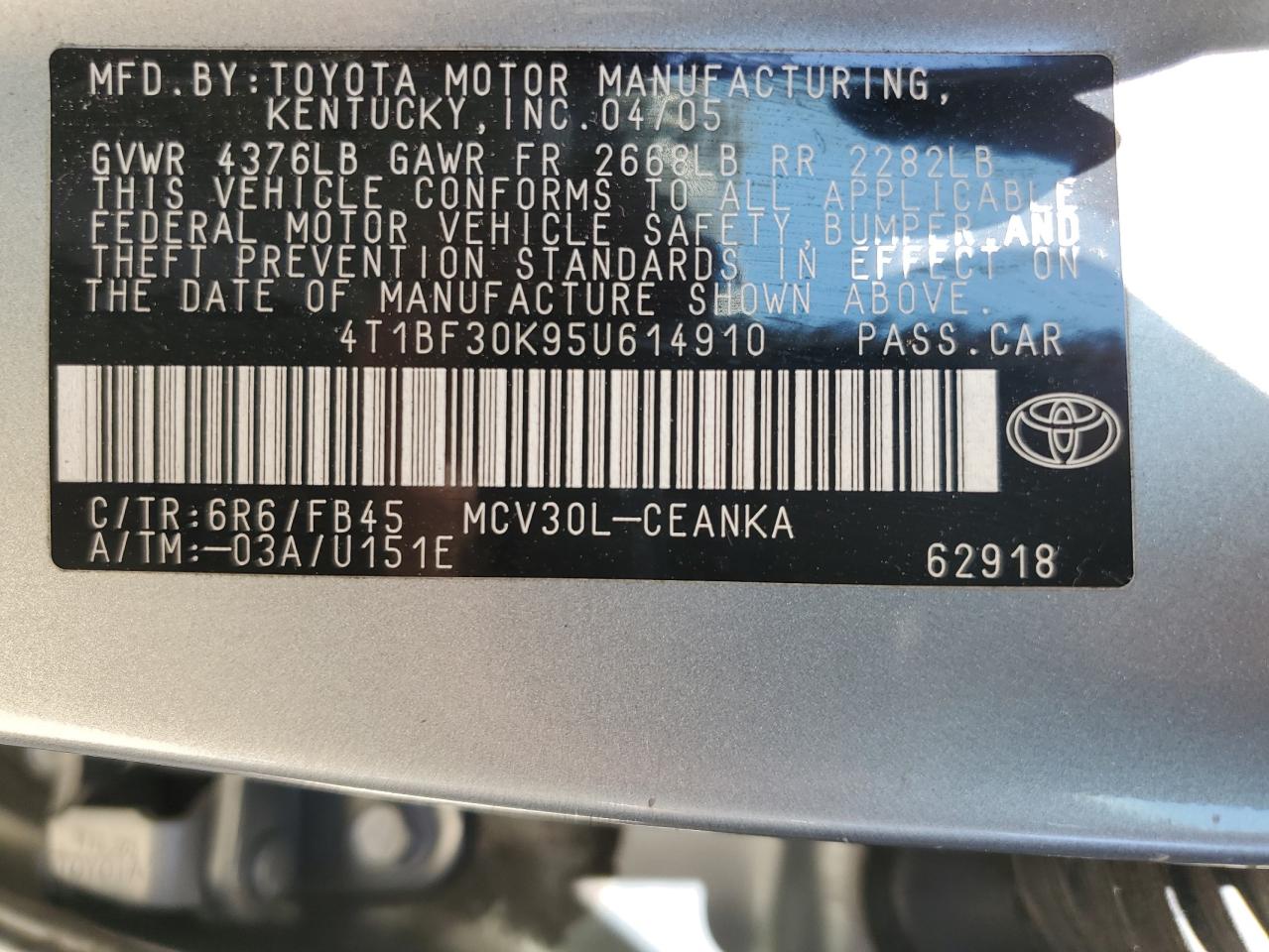 2005 Toyota Camry Le VIN: 4T1BF30K95U614910 Lot: 61342354