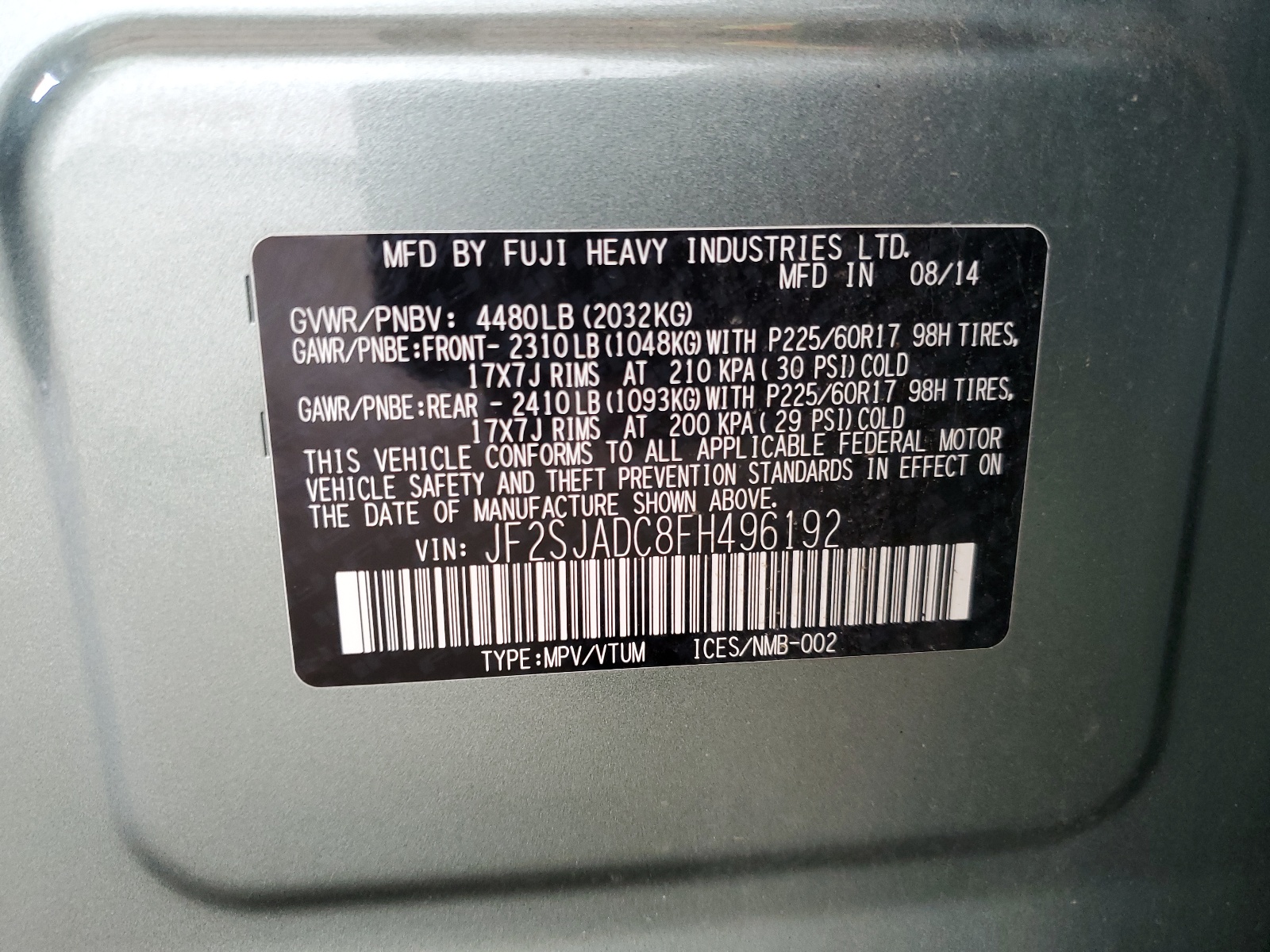 JF2SJADC8FH496192 2015 Subaru Forester 2.5I Premium