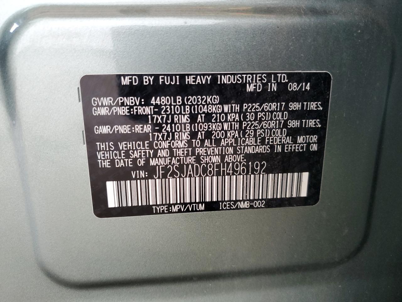 2015 Subaru Forester 2.5I Premium VIN: JF2SJADC8FH496192 Lot: 64036584