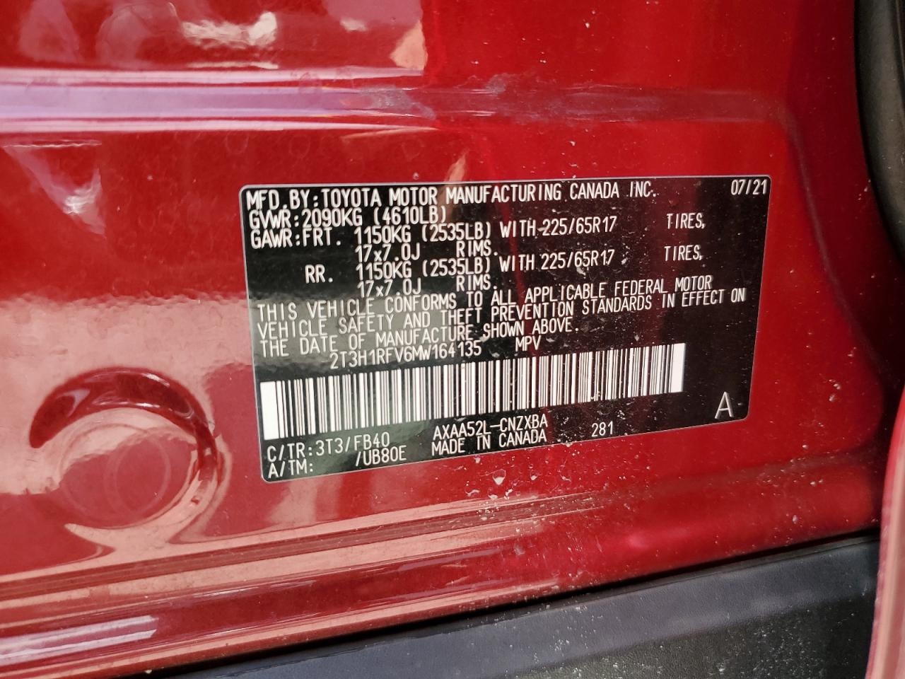 2021 Toyota Rav4 Le VIN: 2T3H1RFV6MW164135 Lot: 76544194