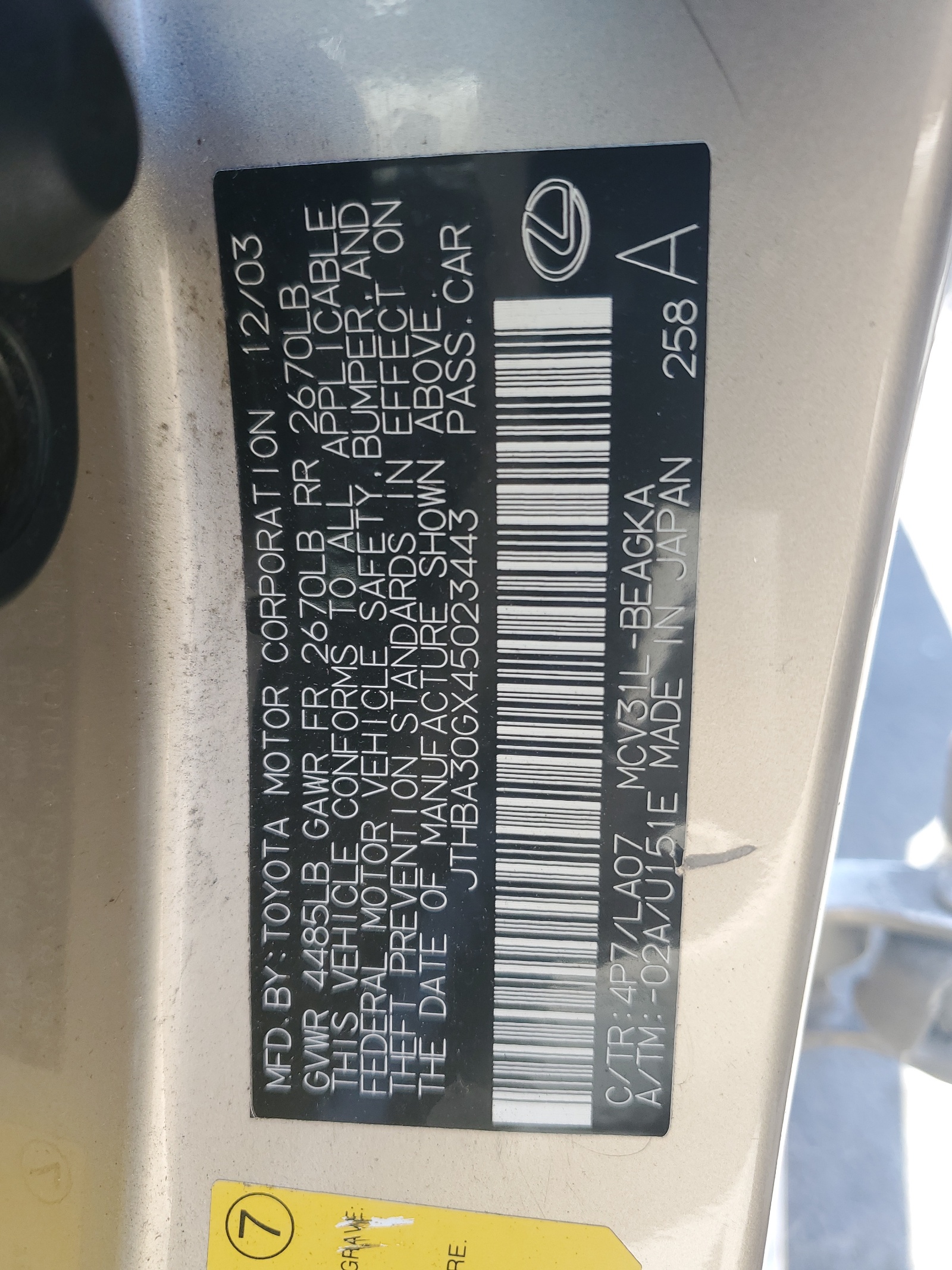 JTHBA30GX45023443 2004 Lexus Es 330