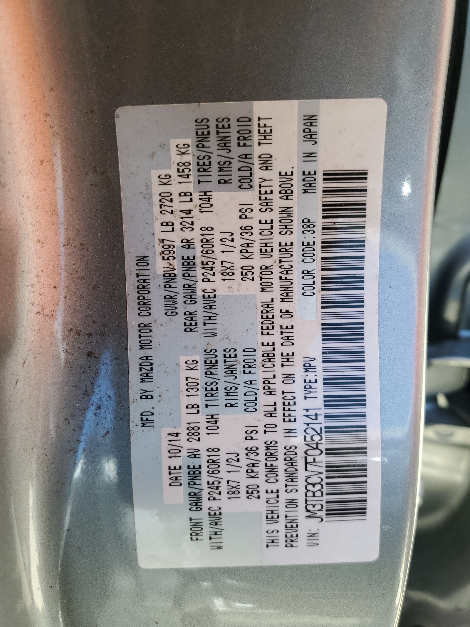 JM3TB3CV7F0452141 2015 Mazda Cx-9 Touring