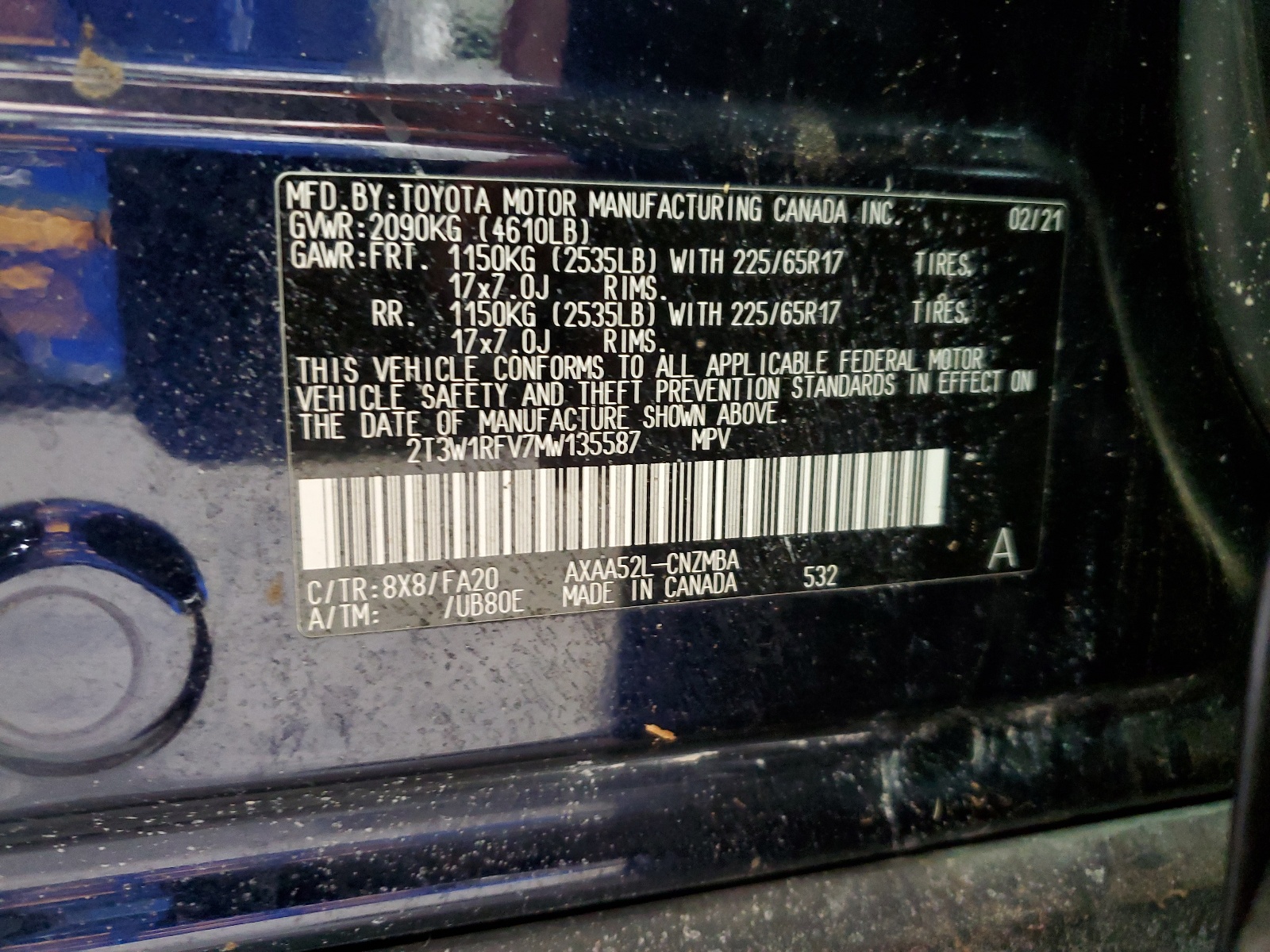 2T3W1RFV7MW135587 2021 Toyota Rav4 Xle