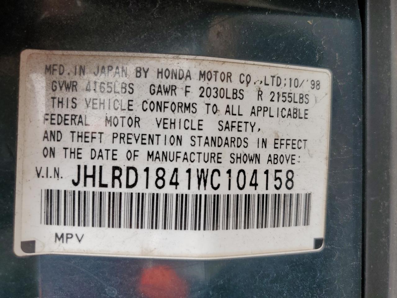 1998 Honda Cr-V Lx VIN: JHLRD1841WC104158 Lot: 64805744