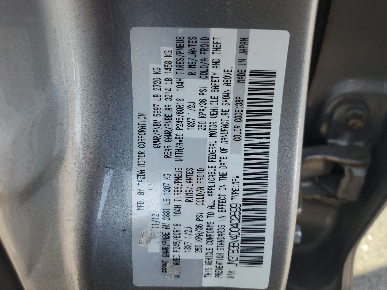 JM3TB3BV4D0402599 2013 Mazda Cx-9 Sport