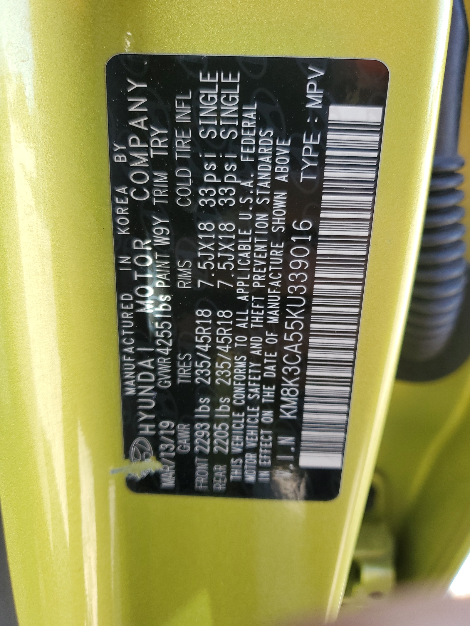 KM8K3CA55KU339016 2019 Hyundai Kona Limited