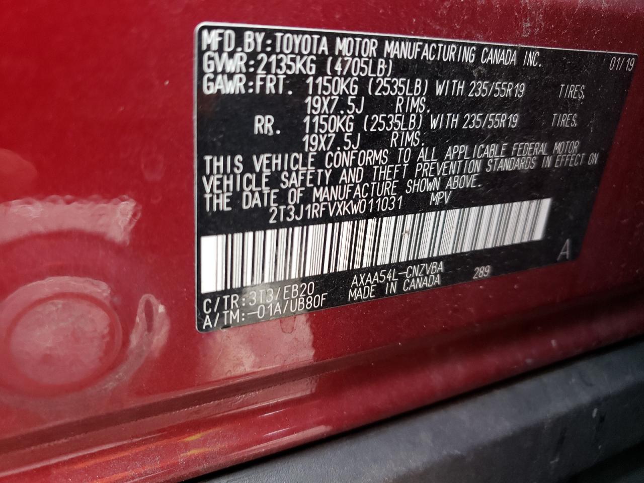 2019 Toyota Rav4 Adventure VIN: 2T3J1RFVXKW011031 Lot: 63994394