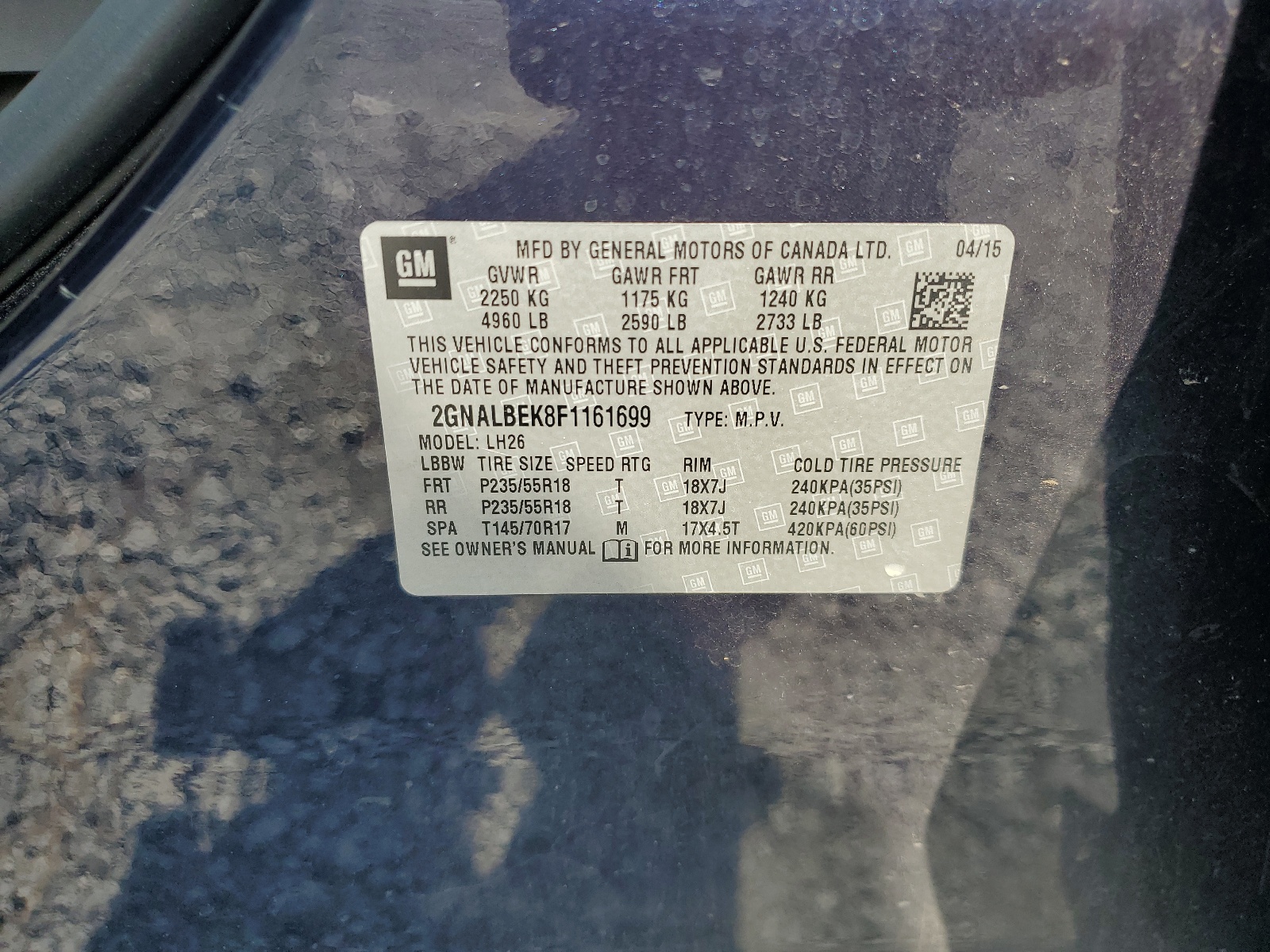2GNALBEK8F1161699 2015 Chevrolet Equinox Lt