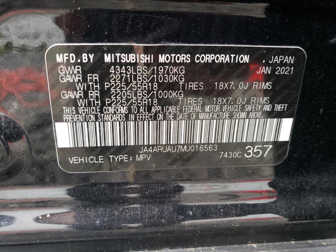 2021 Mitsubishi Outlander Sport Es VIN: JA4ARUAU7MU016563 Lot: 64101344