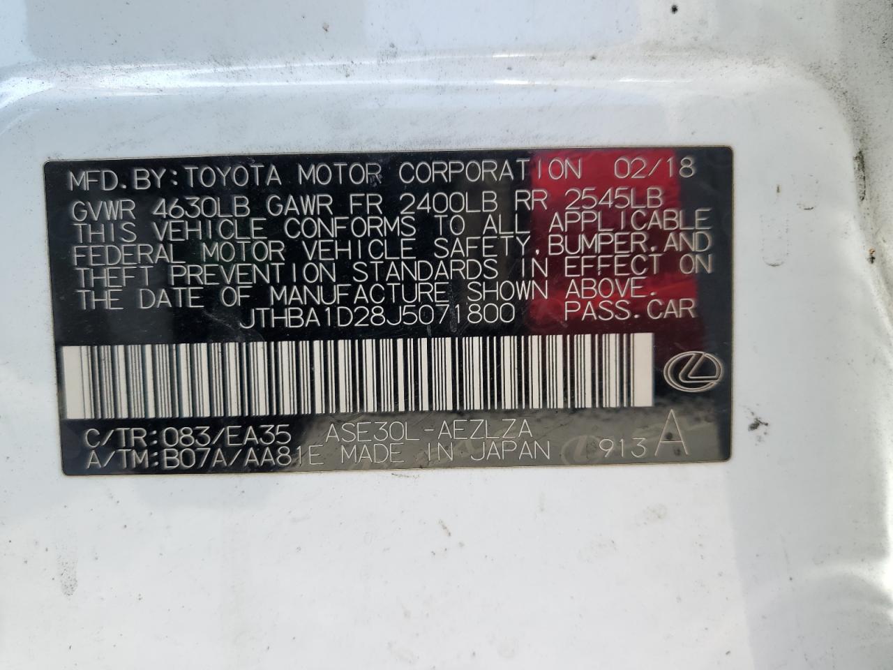 JTHBA1D28J5071800 2018 Lexus Is 300