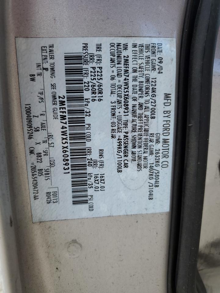 2005 Mercury Grand Marquis Gs VIN: 2MEFM74WX5X608931 Lot: 60618264