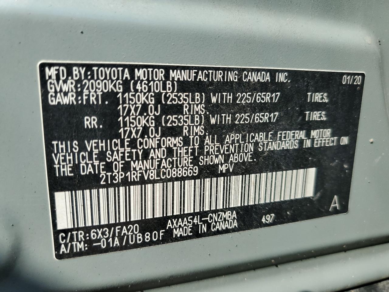 2020 Toyota Rav4 Xle VIN: 2T3P1RFV8LC088669 Lot: 61868614