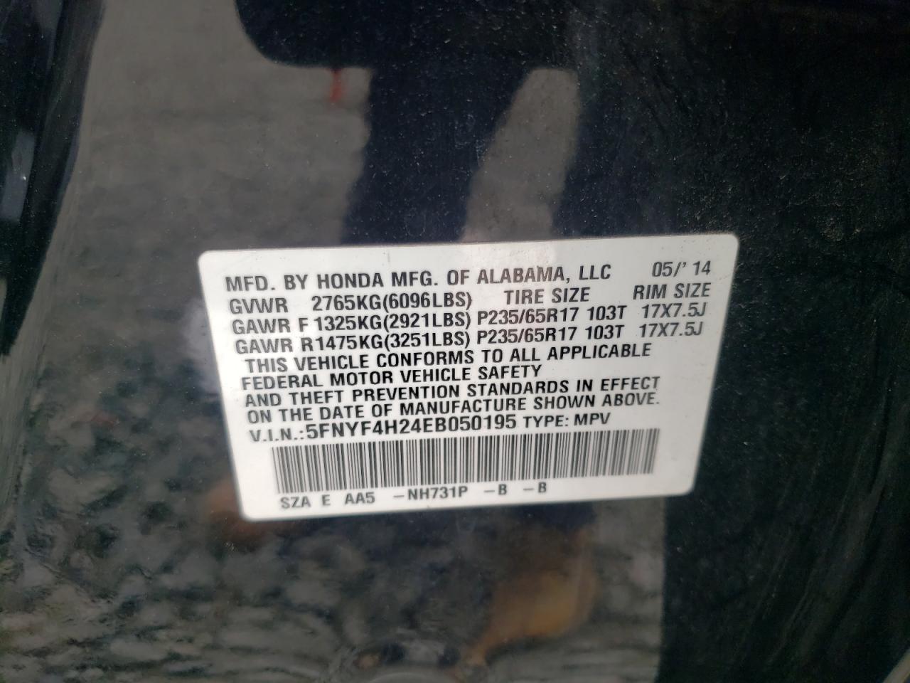 2014 Honda Pilot Lx VIN: 5FNYF4H24EB050195 Lot: 64594644