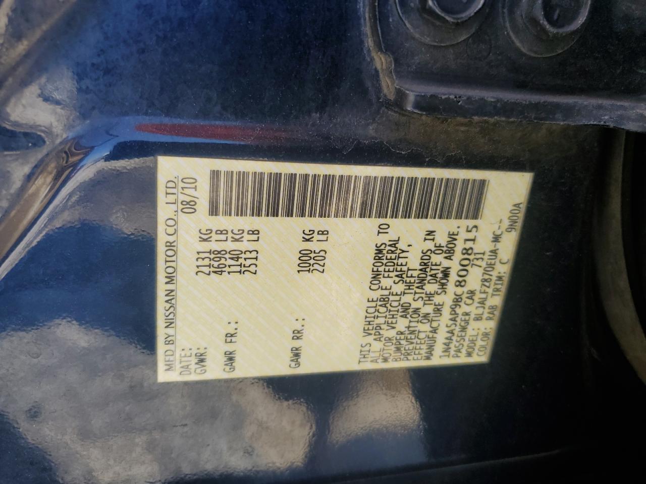 2011 Nissan Maxima S VIN: 1N4AA5AP9BC800815 Lot: 71775885