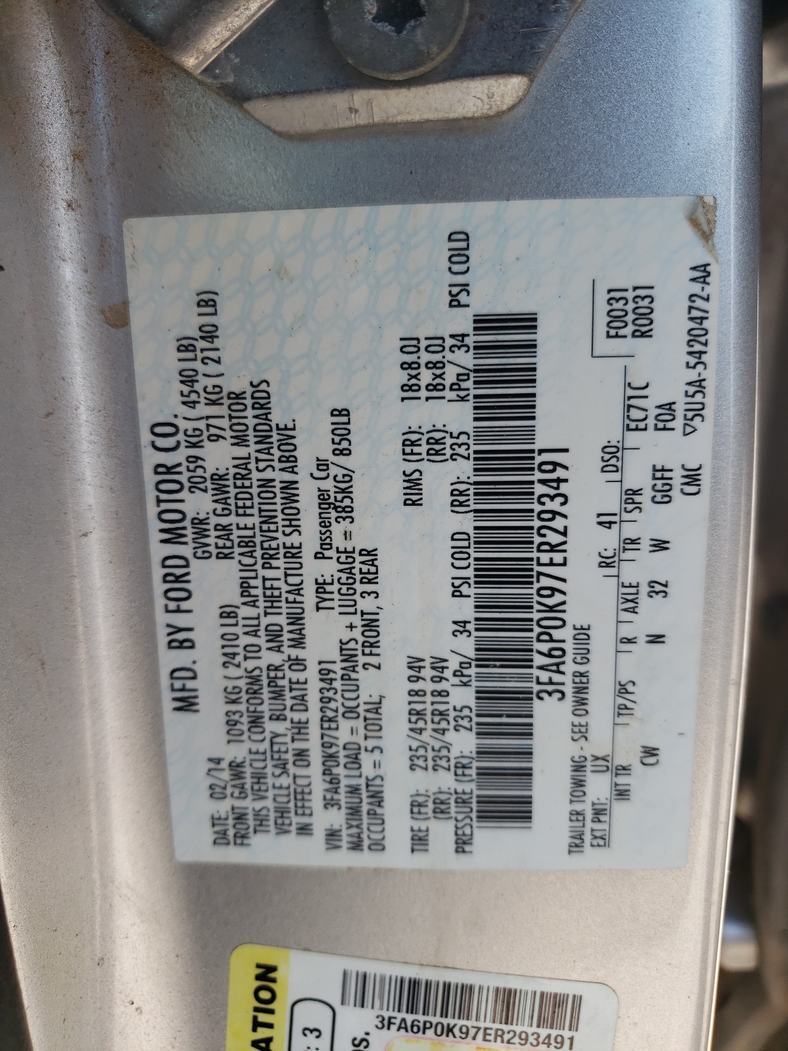 3FA6P0K97ER293491 2014 Ford Fusion Titanium