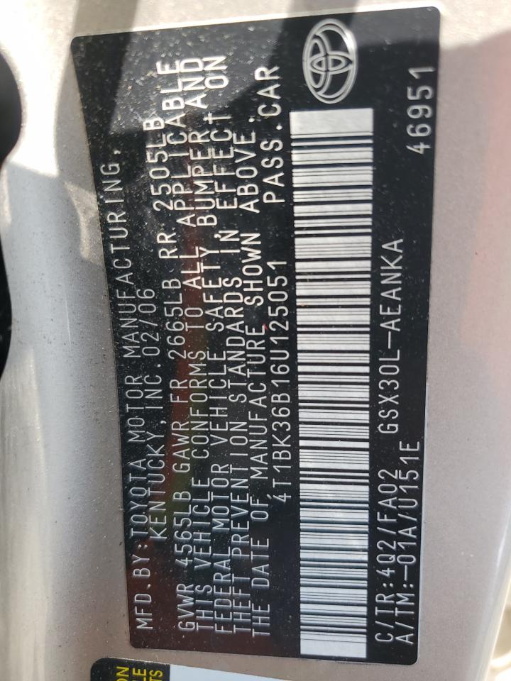 2006 Toyota Avalon Xl VIN: 4T1BK36B16U125051 Lot: 63637704