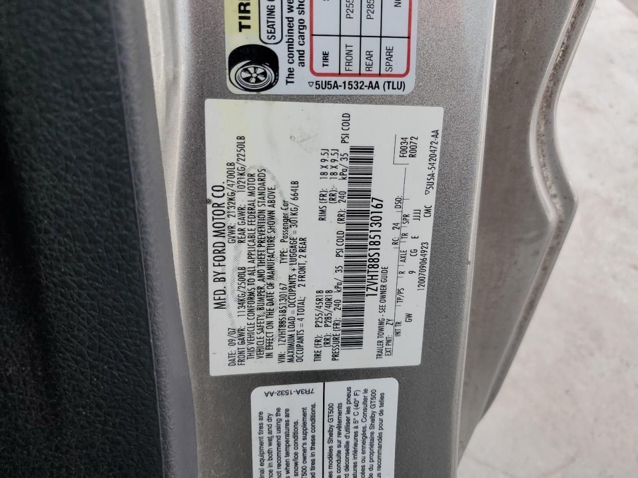 2008 Ford Mustang Shelby Gt500 VIN: 1ZVHT88S185130167 Lot: 63018464