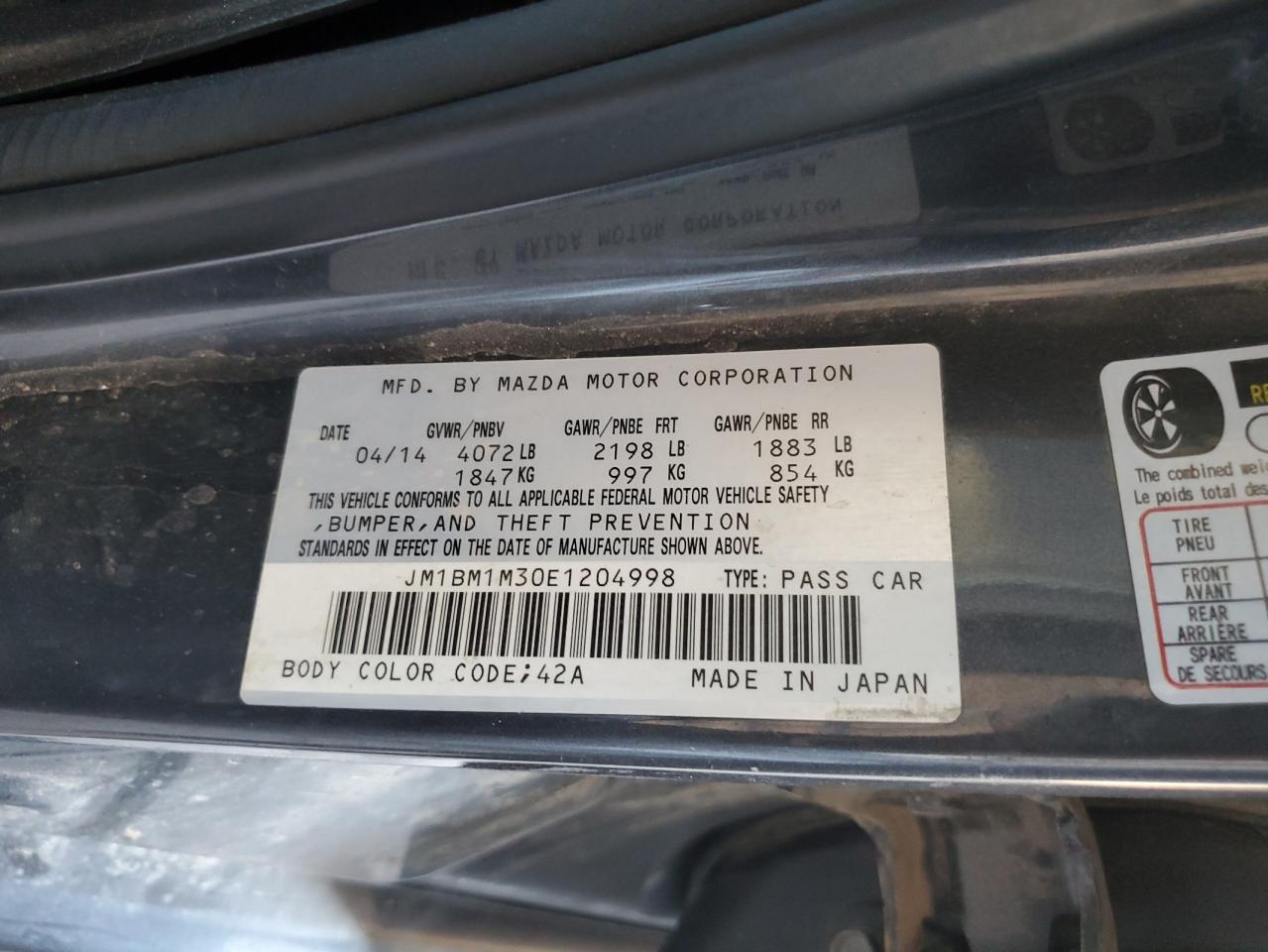 2014 Mazda 3 Grand Touring VIN: JM1BM1M30E1204998 Lot: 61968334