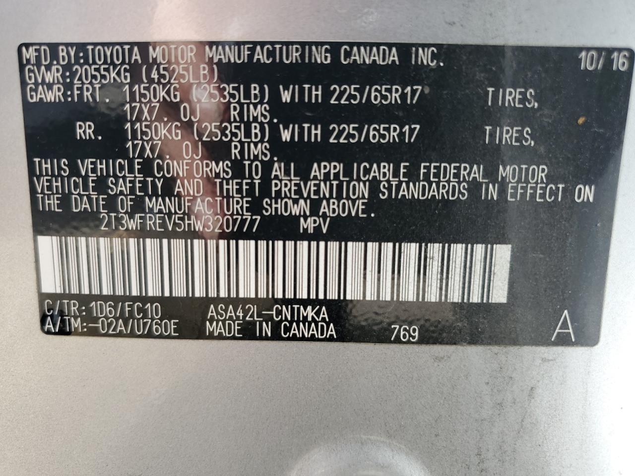 2017 Toyota Rav4 Xle VIN: 2T3WFREV5HW320777 Lot: 64606264