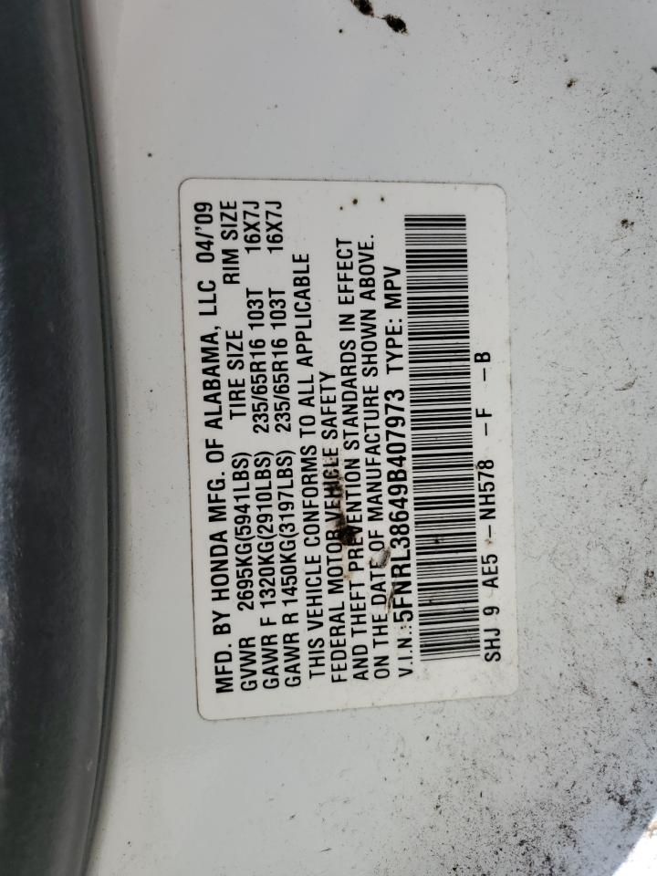 2009 Honda Odyssey Exl VIN: 5FNRL38649B407973 Lot: 63728384